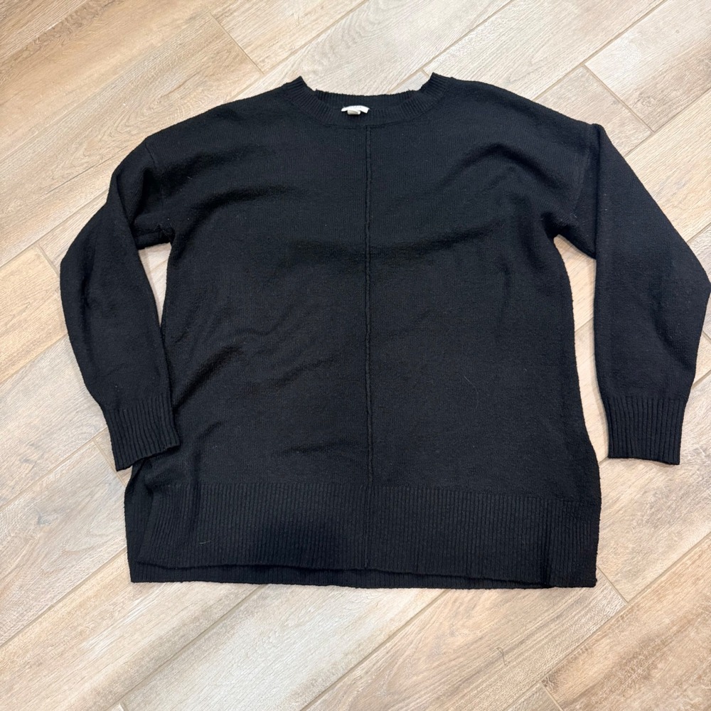 ana A New Approach Womens Black Crewneck Sweater Center Seam High Low Hem Large